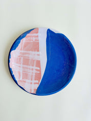 Assiette plate, bleu, blanc