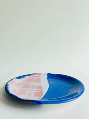 Assiette plate, bleu, blanc