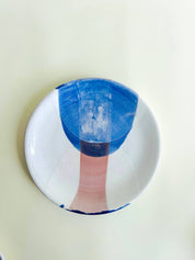 Assiette plate, bleu, blanc